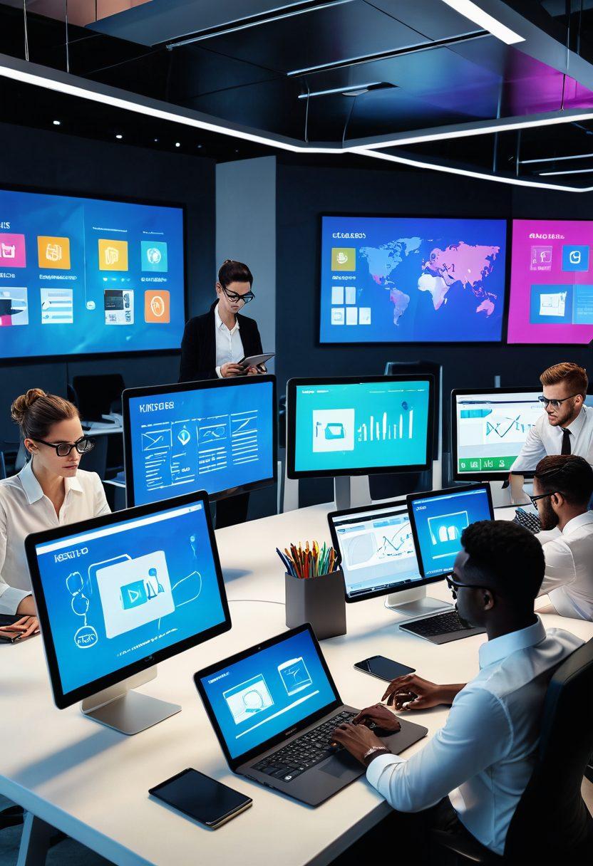 A dynamic office environment with diverse professionals working collaboratively on laptops and tablets, surrounded by digital screens showcasing web solutions like CRM, e-commerce, SEO, and more. Highlight futuristic web elements and high-tech gadgets to emphasize modern business solutions. super-realistic. vibrant colors.