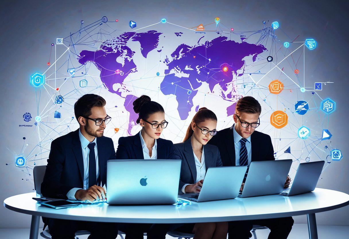 A vibrant, professional office setting with diverse team members working enthusiastically on laptops and mobile devices, connected by digital networks and glowing graphs symbolizing growth. Captures a synergy of innovation, technology, and business development. super-realistic. vibrant colors. white background.